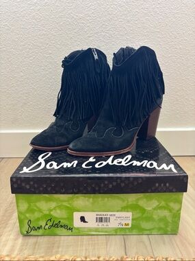 Sam Edelman Black Suede Fringe Ankle Booties